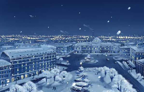 Картинка зима, снег, город, самолет, вид, новый год, рождество, christmas