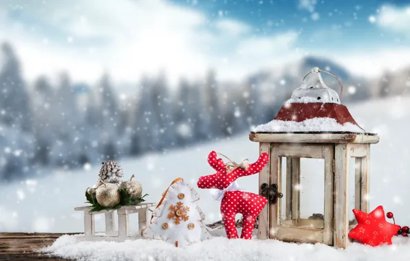 Картинка зима, снег, украшения, снежинки, Новый Год, Рождество, фонарь, Christmas