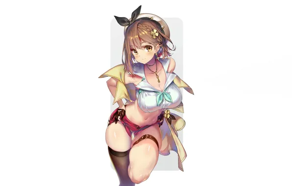 Girl, sexy, cleavage, shorts, blouse, thighhighs, brown hair, boobs