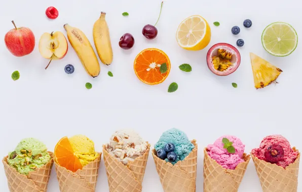 Ягоды, colorful, мороженое, фрукты, рожок, fruit, berries, ice cream