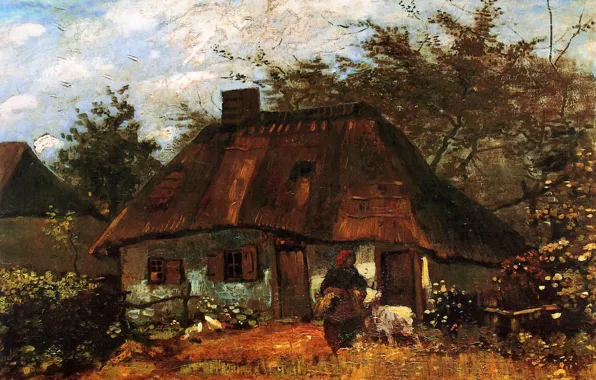 Картинка бабушка, хижина, Vincent van Gogh, Cottage, and Woman with Goat