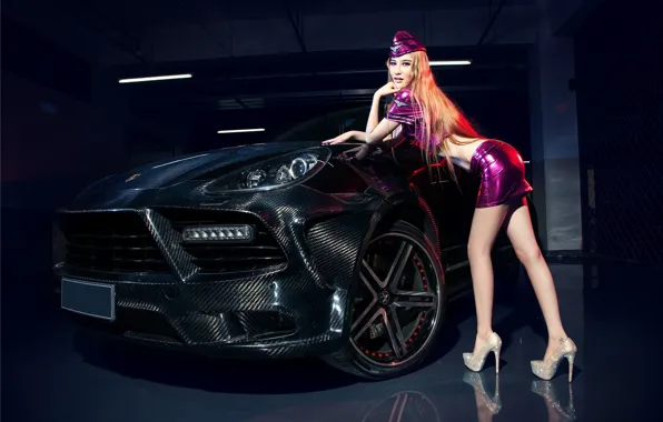 Авто, взгляд, Девушки, Porsche, азиатка, красивая девушка, стюардесса, позирует над машиной
