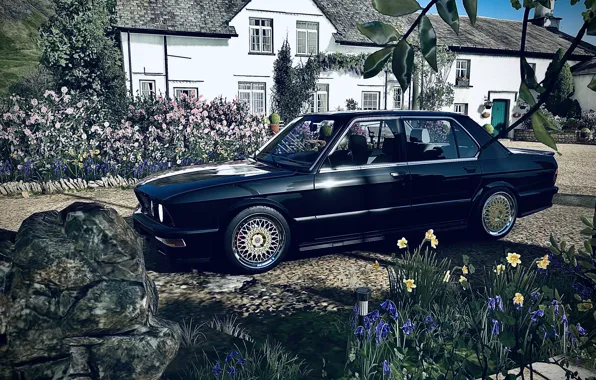 HDR, BMW, House, Sky, Flowers, Spring, Game, E28