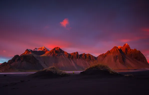 Пляж, небо, закат, горы, фотограф, Стокснес, Исланди