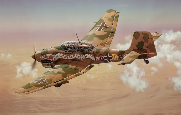 Картинка Art, пикирующий бомбардировщик, Luftwaffe, Stuka, Junkers Ju-87R-2/trop