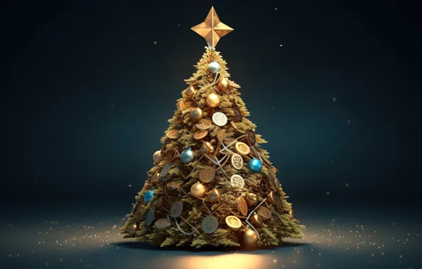Шары, елка, Новый Год, Рождество, golden, монеты, new year, happy