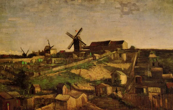 Мельница, деревушка, Vincent van Gogh, View of Montmartre, with Windmills