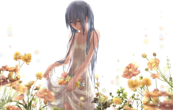 Девушка, цветы, дождь, розы, арт, vocaloid, hatsune miku, вокалоид