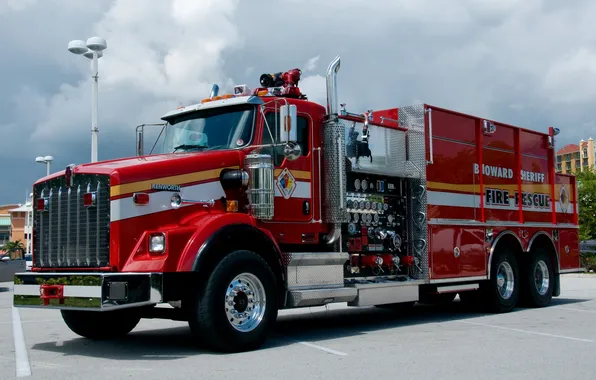 Картинка автомобиль, красная, хром, Kenworth, пожарная машина, техническое оборудование, (Кенуорт)