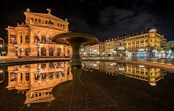 Картинка отражение, здания, Германия, фонтан, ночной город, Germany, Франкфурт-на-Майне, Frankfurt am Main