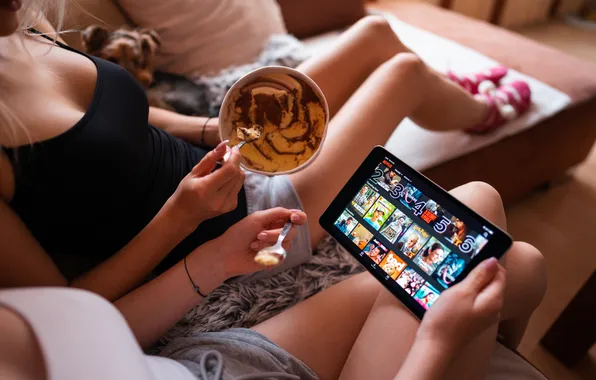 Women, ice cream, tablet, entertainment