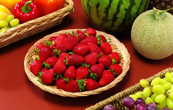 Картинка ягоды, арбуз, клубника, виноград, фрукты, натюрморт, овощи, дыня