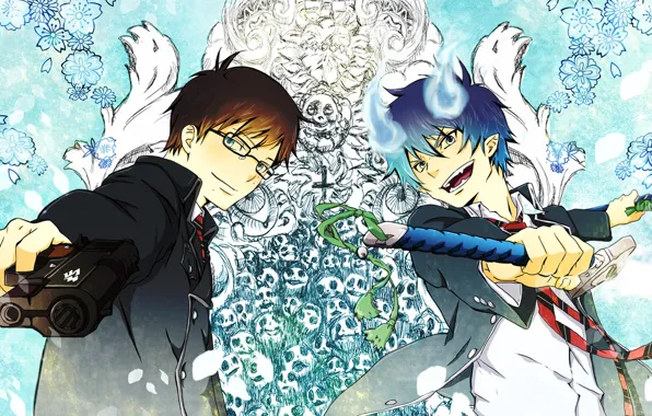 Оружие, фон, узоры, арт, парни, Ao no Exorcist, Рин, Юкио