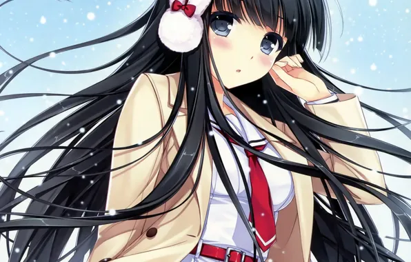Картинка девушка, снег, ветер, аниме, наушники, арт, галстук, форма