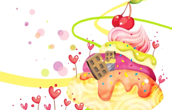 Картинка ягоды, фантазия, дома, сердечки, крем, детские обои, вишенки