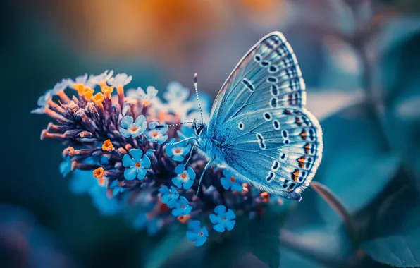 Blue, butterfly, flowers