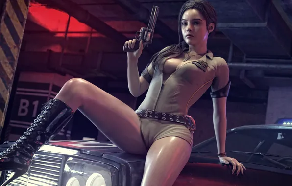 Машина, девушка, пистолет, арт, шатенка, симпатичная, Claire Redfield, Клэр Редфилд