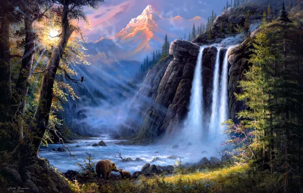 Картинка лес, пейзаж, горы, река, водопад, медведи, арт, Jesse Barnes