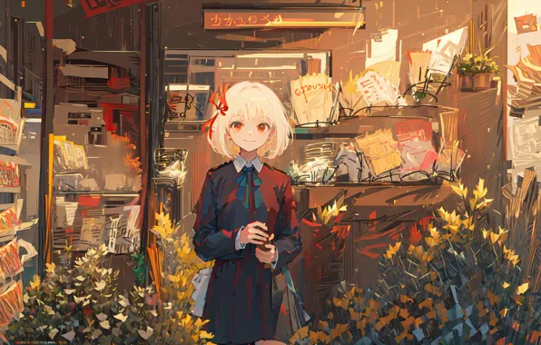 Аниме, белые волосы, anime, мультсериал, маленькая девочка, цветочный магазин, animated series, Lycoris Recoil