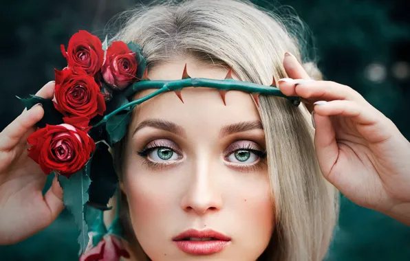 Girl, rose, flower, eyes, model, blonde, pose, portrait