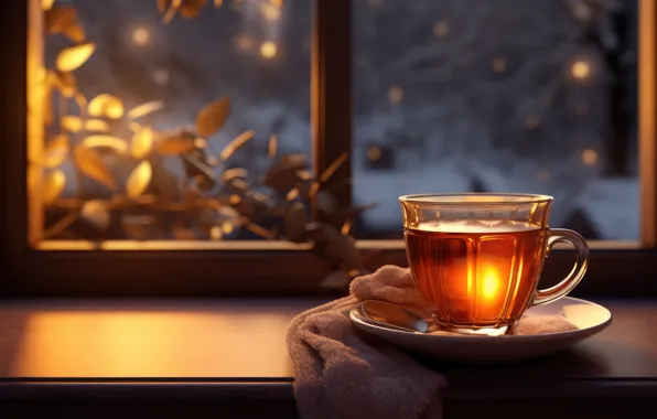 Зима, стекло, свет, уют, чай, окно, Рождество, кружка