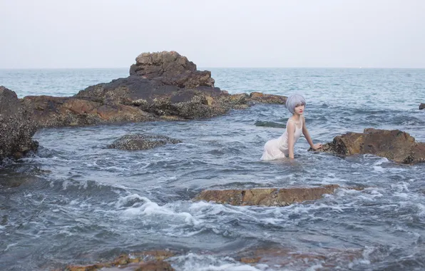 Rock, Beautiful, Asian, Model, Water, Woman, Ocean, Sea