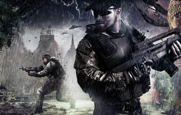 Картинка дождь, арт, солдаты, war, Call of Duty: Black Ops 2