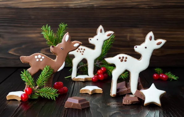 Картинка елка, шоколад, ветка, печенье, Рождество, олени, Christmas, сладкое