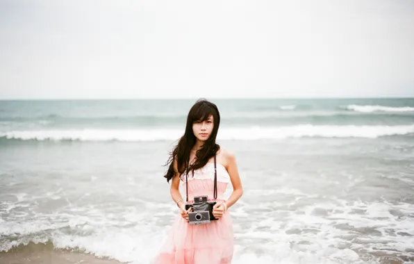 Waves, girl, beach, camera