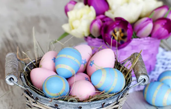 Яйца, colorful, Пасха, тюльпаны, happy, Easter, Holidays, Tulips