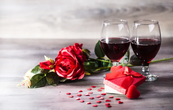 Картинка подарок, вино, бокалы, red, love, romantic, hearts, valentine's day