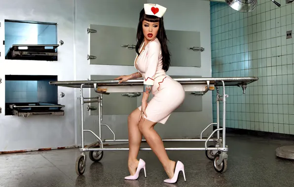 Girl, sexy, dress, legs, asian, high heels, latex, morgue