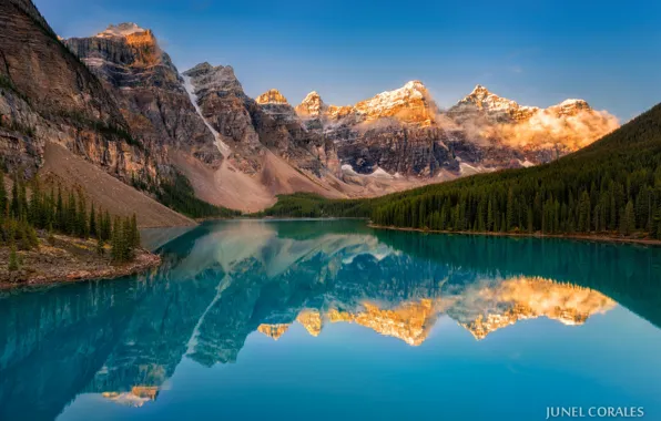 Картинка лес, деревья, горы, озеро, утро, Канада