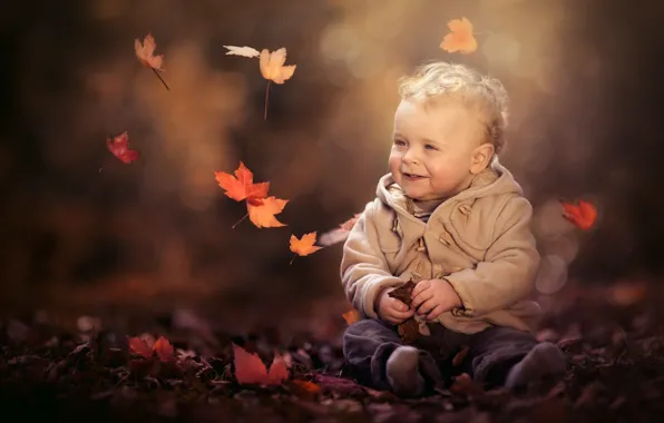 Осень, листья, природа, мальчик, малыш, куртка, ребёнок, боке