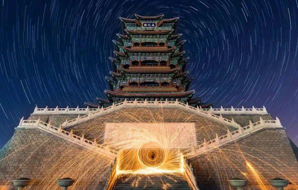 Звезды, hdr, Китай, пагода, Пекин