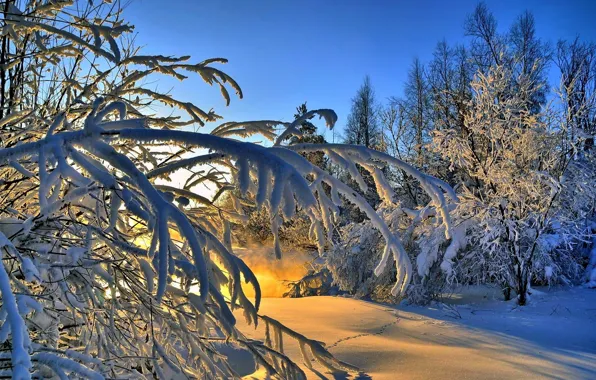Картинка зима, небо, снег, пейзаж, закат, природа, река, гора