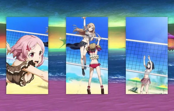 Пляж, сетка, спорт, игра, аниме, волейбол, anime, Sword Art Online