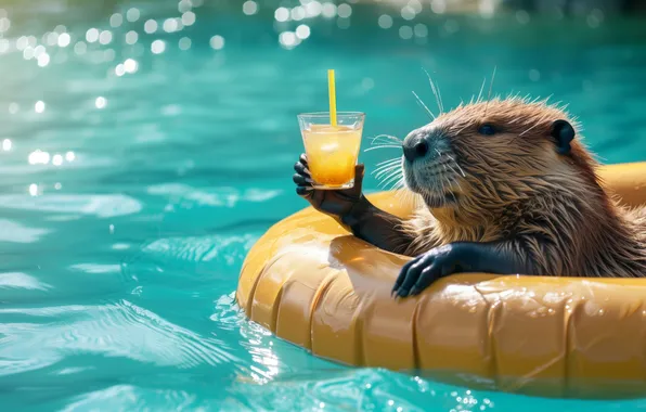 Картинка yellow, drink, swimming pool, teal, beavers, AI art