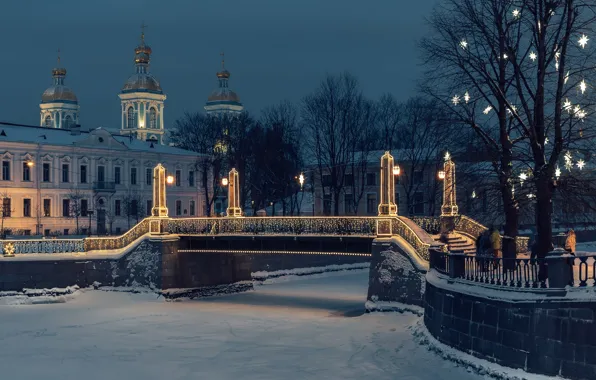 Картинка зима, снег, деревья, снежинки, мост, река, Санкт-Петербург, Россия