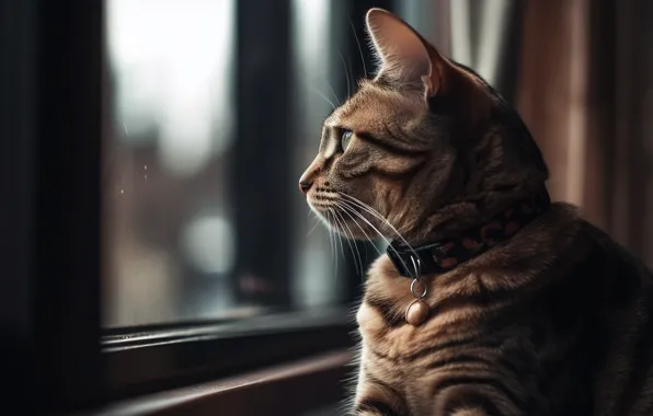Кошка, кот, взгляд, свет, комната, портрет, окно, арт