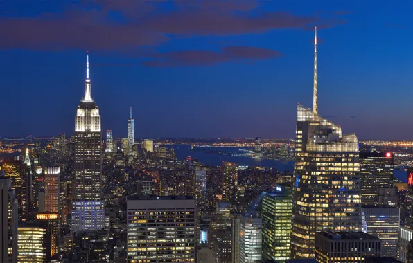 Здания, Нью-Йорк, панорама, ночной город, Манхэттен, небоскрёбы, Manhattan, New York City