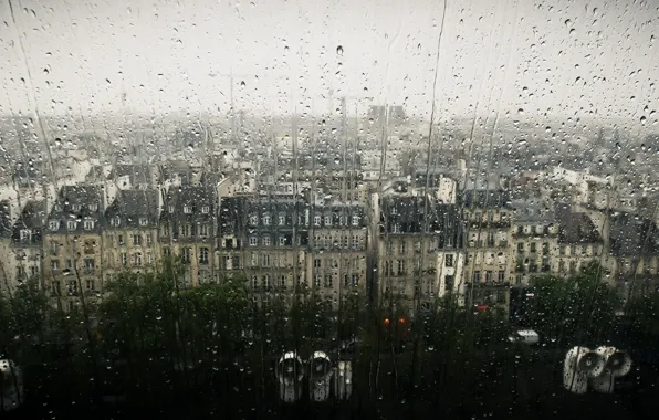 Капли, город, дождь, окно