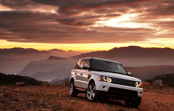 Картинка авто, белый, закат, горы, Range Rover