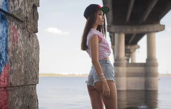 Ass, river, bridge, women, brunette, profile, jean shorts, women outdoors