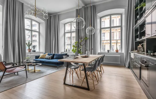 Интерьер, кухня, гостиная, столовая, скандинавский стиль, Apartment in Stockholm