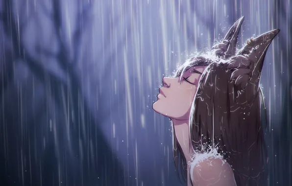 Лес, дождь, наслаждение, girl, Art, rain, Katrin, kitsune