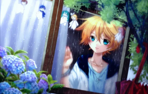 Картинка цветы, дождь, окно, арт, vocaloid, hatsune miku, чиби, kagamine rin