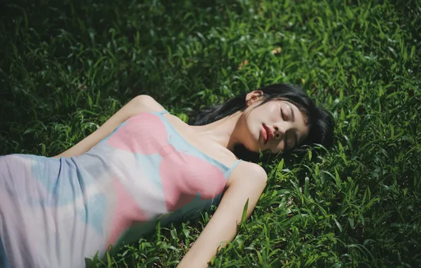 Grass, Beautiful, Asian, Model, Woman, Lying Down, Lawn, Laying