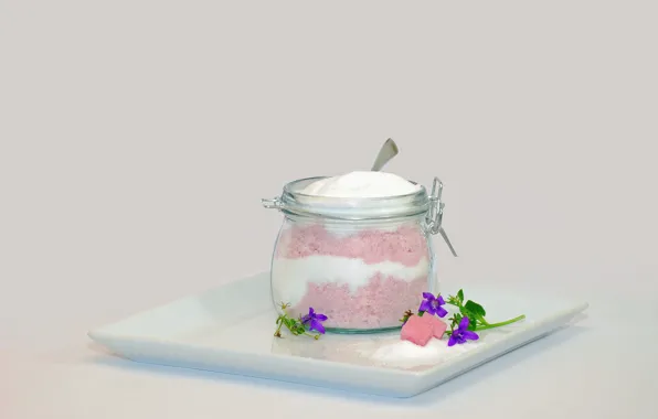 Цветы, еда, тарелка, мороженое, банка, десерт