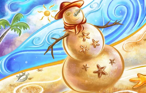 Картинка песок, море, пляж, жара, новый год, снеговик, ракушки, снеговик из песка
